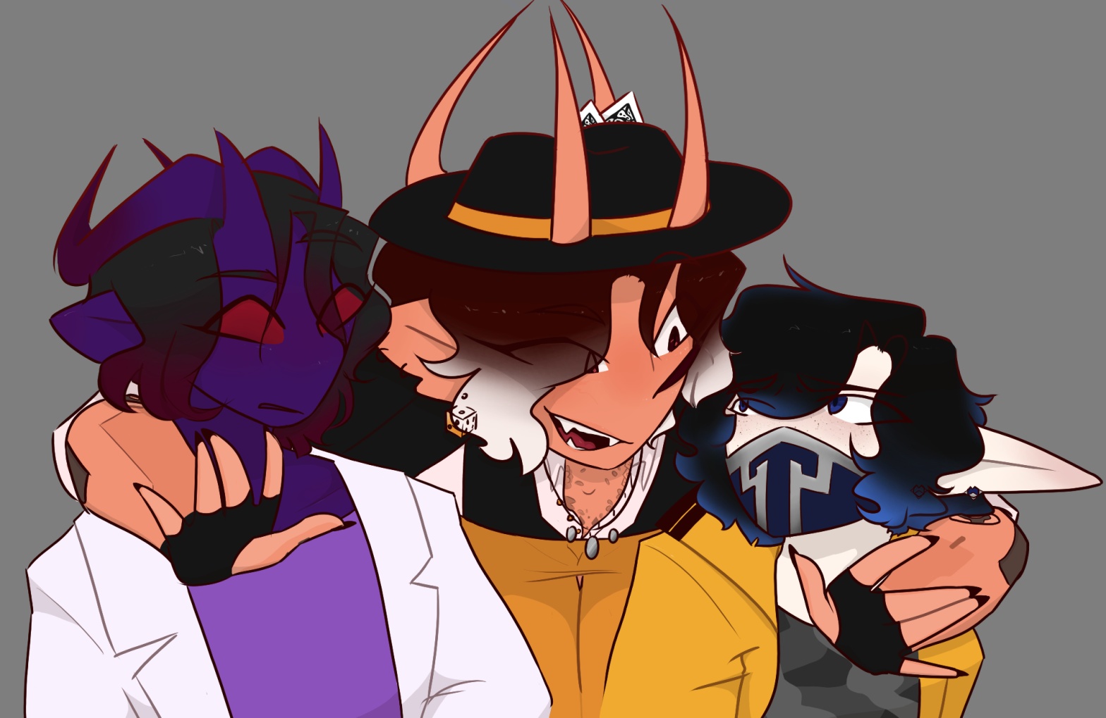 a purple tiefling in lab gear on the left, an orange tiefling with his arms around the other 2 in the middle and a pasty elf with black and blue hair wearing a mask