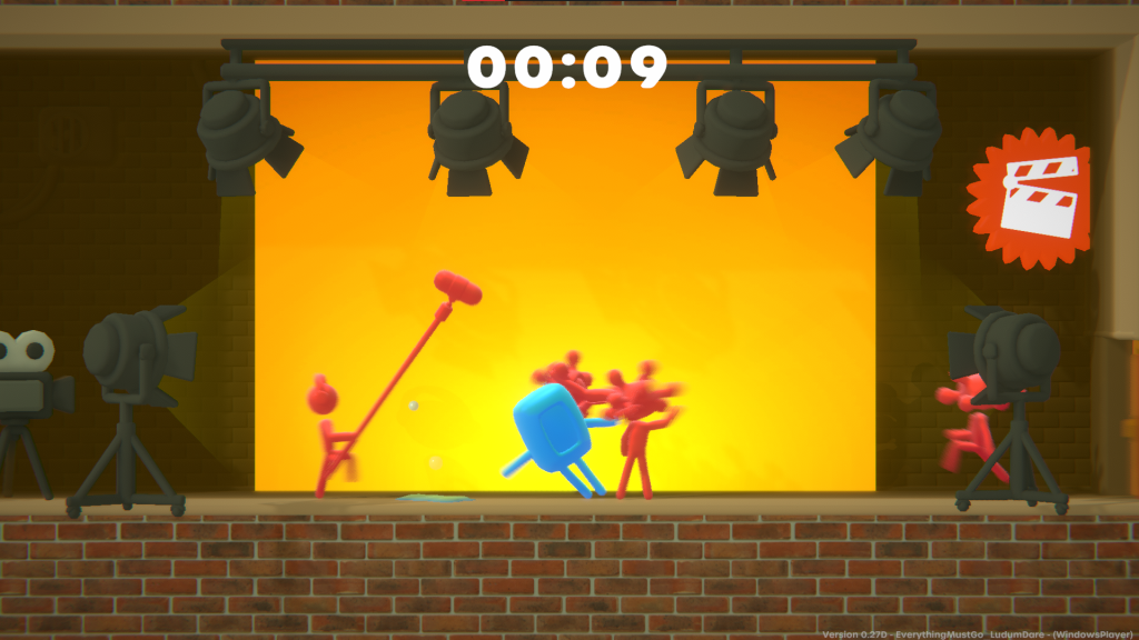A blue stickman in a costume of a bar of soap costume fighting red stickmen with germ hats. this takes place in a film studio.
