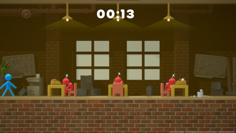 3 red stickfigures sleeping at their desks, while a blue stickfigure stands in the left edge of the picture.