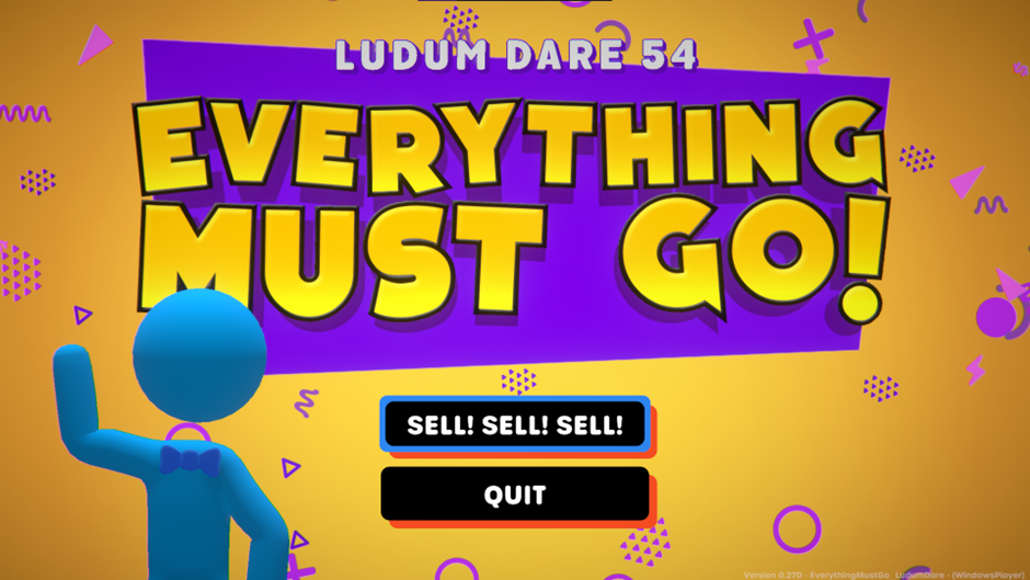 The title screen of Everything Must Go! featuring the name in large yellow text on a purple background.